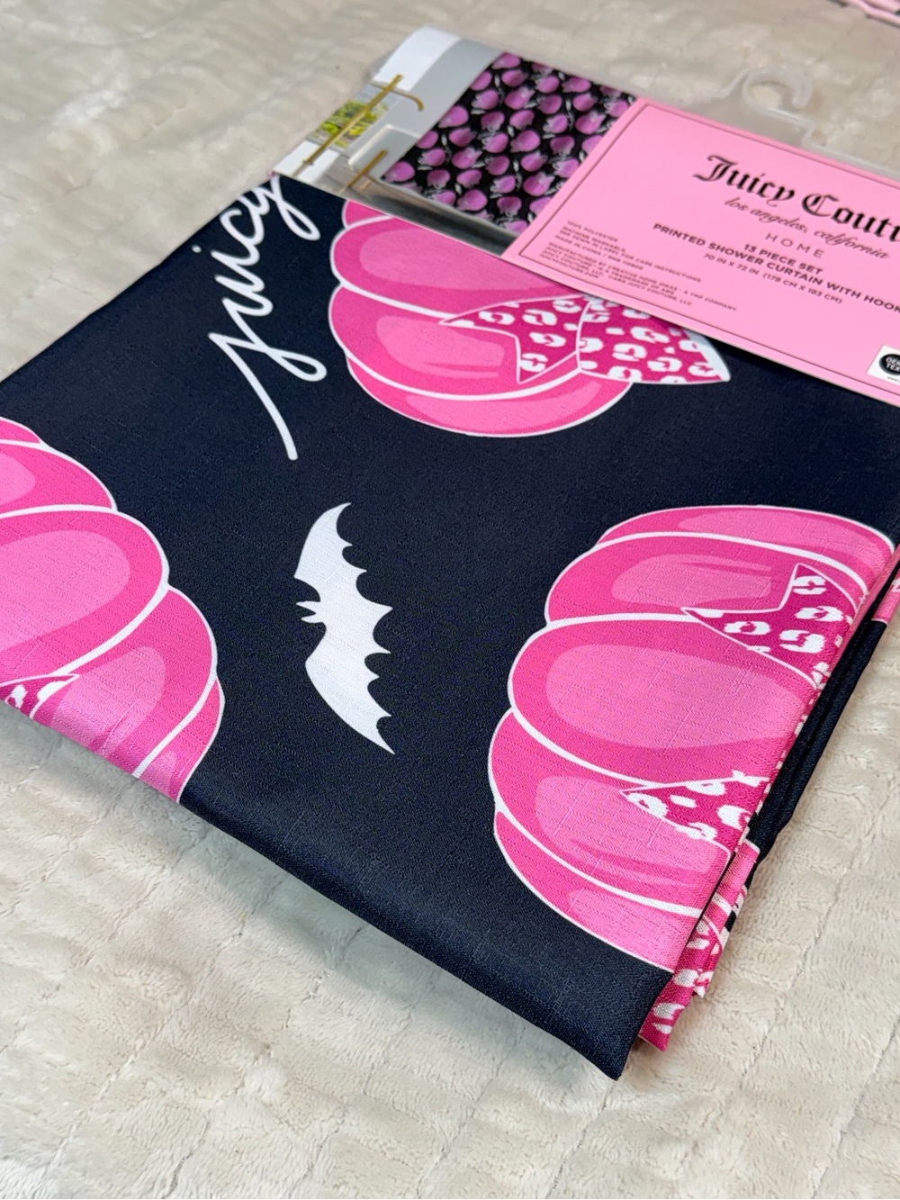 Juicy Couture Pinkoween Shower Curtain Pink Pumpkin Leopard Bow Halloween NWT - Picture 9 of 9